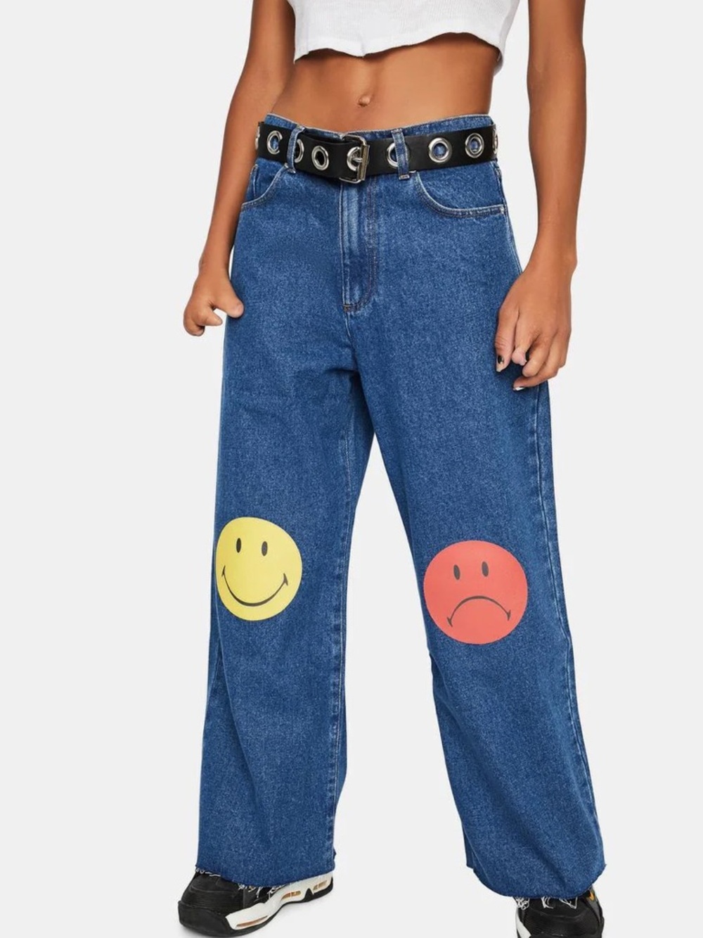 MINGA Blue Wide-Leg Jeans with Smiley Patch - Size 6
